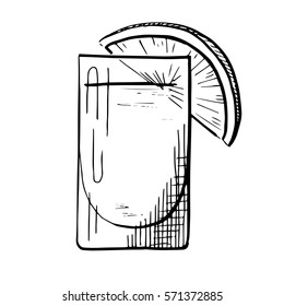 Sketch of glass with vodka alcohol and lemon. Vector illustration.