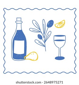 Sketch  Glass Wine Bottle. Vintage Mediterranean Atmosphere Life Element. Hand Drawn Travel Agency Card, Invitation, Poster Print Design. Beverage, Wineglass and Olive Branch