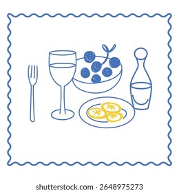 Sketch  Glass Wine Bottle. Vintage Mediterranean Atmosphere Life Element. Hand Drawn Travel Agency Card, Invitation, Poster Print Design. Beverage, Wineglass and Olive Branch