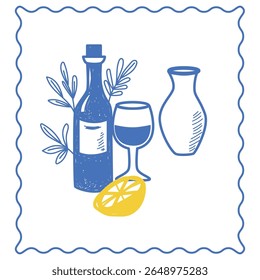 Sketch  Glass Wine Bottle. Vintage Mediterranean Atmosphere Life Element. Hand Drawn Travel Agency Card, Invitation, Poster Print Design. Beverage, Wineglass and Olive Branch