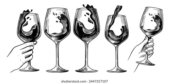 Sketch glass of wine set. Drink hand drawn