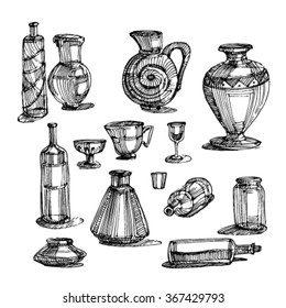 Sketch of glassware and pottery.