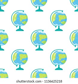 Sketch globe and autumn leaves on white background. Back to School doodle seamless pattern. cartoon Earth Globe. Design element for wallpapers, web site background, wrapping paper.