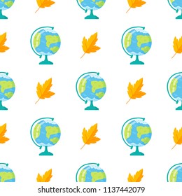 Sketch globe and autumn leaves on white background. Back to School doodle seamless pattern. cartoon Earth Globe. Design element for wallpapers, web site background, wrapping paper.