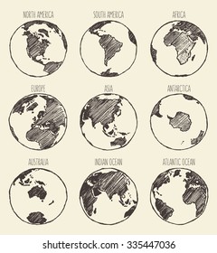 Sketch of globe. South America, North America, Africa, Europe,Asia, Antarctica, Australia, Indian Ocean, Atlantic Ocean.