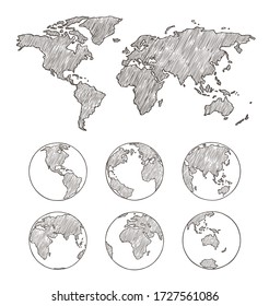 Esbozar globo y mapa del mundo.Ilustración dibujada a mano por vectores. Planeta terrestre con continentes, islas y océanos.