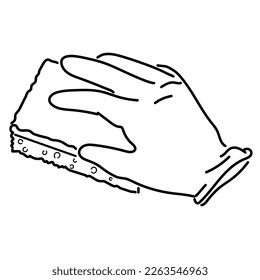 Sketch of a gloved hand holding a sponge and wiping a dirty table surface