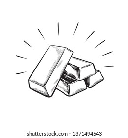  Sketch Of Gold Bar Ingots.  Black And White Hand Drawn Vector Illustration.