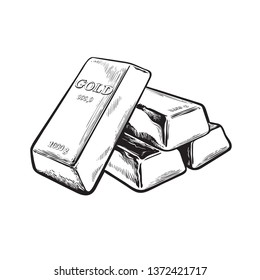 Sketch Of Gold Bar Ingots In Engraving Style.  Black And White Hand Drawn Vector Illustration.