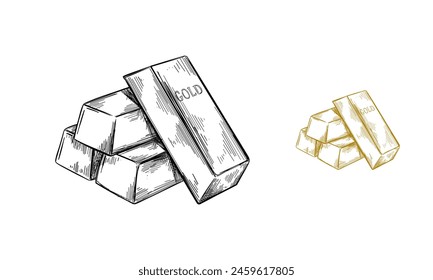 Sketch of gold bar ingots in engraving style. Black and white hand drawn vector illustration.