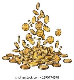 Sketch of gold coins falling in different positions, big pile of cash, a lot of money. Hand drawn vector illustration isolated on white background.