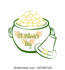 Sketch of a gold coins pot with traditional irish hat. Saint patricks day. Vector illustration design