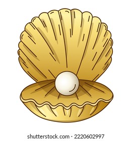 Sketch gold color luxury Scallop with pearl isolated on white background.