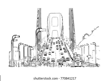 Sketch of Golden Gate Bridge, San Francisco, California, USA in vector illustration.