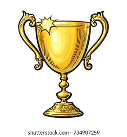 Sketch of Golden Trophy Cup. Winner Concept. Hand drawn vector illustration isolated on white background.