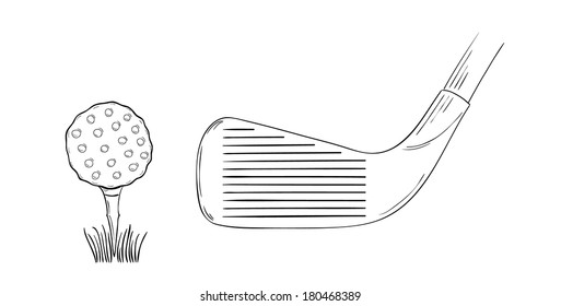 sketch of the golf ball and golf club on white background, isolated