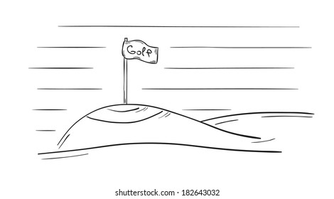 sketch of the golf flag on the small hill on white background, isolated