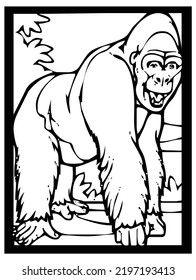 Sketch of a gorilla on a black and white background in a frame for comics or learning to color for children.