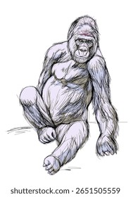 Esboço de um gorila no zoológico de Tenerife. Animais africanos. Desenho isolado para enciclopédia. Estude zoologia. Moradores de zoológicos. Ilustração de vetor desenhada à mão.