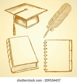 Sketch graduation cap, feather, notebook and book, background