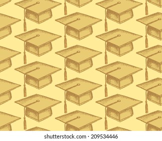 Sketch graduation cap, seamless pattern in vintage style