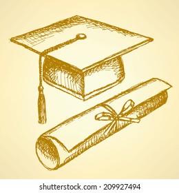 Sketch graduation hat and diploma scroll with ribbon