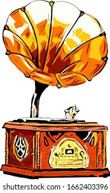 A sketch of a gramophone playing a record.
Suitable for cards, logo, emblems, books, coloring