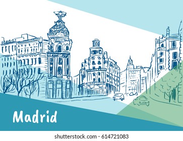 Sketch of Gran Via street in Madrid, capital of Spain, Europe.