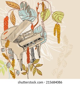 sketch grand piano on a floral background