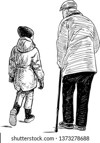 Sketch of grandfather with his granddaughter going down the street