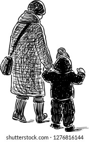 Sketch of a grandmother with her grandson going on a walk