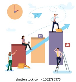 Sketch of graph construction with working little people. Cute miniature of building diagram and preparing for the big profit. Vector for business design and infographic.