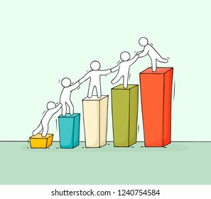 Sketch of graph with working little people. Doodle cute miniature of diagram and teamwork. Hand drawn cartoon vector illustration for business design and infographic.