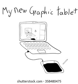 Sketch of a graphic drawing tablet connected to a computer, and a black writing. hand drawn vector illustration