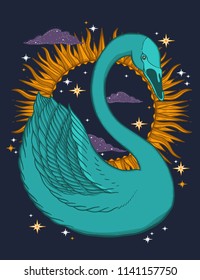 Sketch graphic illustration Beautiful bird swan color with mystic and occult hand drawn symbols. Vector illustration. Vintage prints with Old Fashion Tattoos. Fairtale
