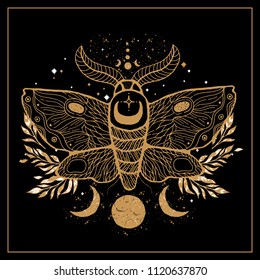 Sketch graphic illustration Beautiful gold Moth with mystic and occult hand drawn symbols. Vector illustration. Vintage Hands with Old Fashion Tattoos.Freemasonry and secret societies emblems