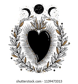 Sketch graphic illustration Beautiful heart with mystic and occult hand drawn symbols. Vector illustration. Vintage Hands with Old Fashion Tattoos.Freemasonry and secret societies emblems