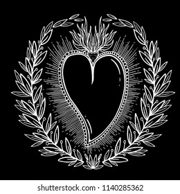 Sketch graphic illustration Beautiful heart with mystic and occult hand drawn symbols. Vector illustration. Vintage Hands with Old Fashion Tattoos,print t shirt.Freemasonry 