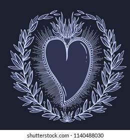Sketch graphic illustration Beautiful heart with mystic and occult hand drawn symbols. Vector illustration. Vintage Hands with Old Fashion Tattoos,print t shirt.Freemasonry 
