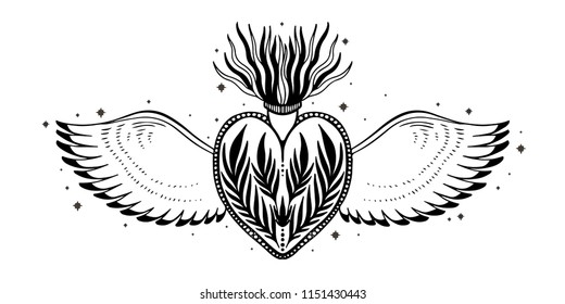 Sketch graphic illustration Beautiful heart with mystic and occult hand drawn symbols. Vector illustration. Vintage Hands with Old Fashion Tattoos.Freemasonry and secret societies emblems