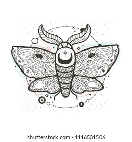 Sketch graphic illustration Beautiful Moth with mystic and occult hand drawn symbols. Vector illustration. Esoteric concept. Vintage Hands with Old Fashion Tattoos. Freemasonry and secret societi