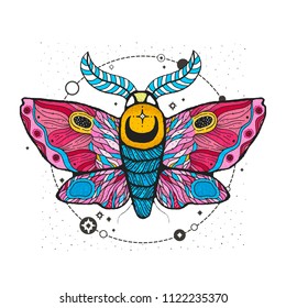 Sketch graphic illustration Beautiful Moth with mystic and occult hand drawn symbols. Vector illustration. Vintage Hands with Old Fashion Tattoos.Freemasonry and secret societies emblems
