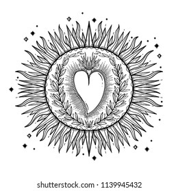 Sketch graphic illustration Beautiful Sun with mystic and occult hand drawn symbols. Vector illustration. Vintage Hands with Old Fashion Tattoos.Freemasonry and secret societies emblems