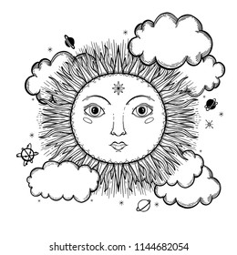 Sketch graphic illustration Beautiful Sun face with mystic and occult hand drawn symbols. Vector illustration. Vintage Hands with Old Fashion Tattoos.Freemasonry and secret societies emblems