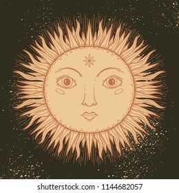 Sketch graphic illustration Beautiful Sun face with mystic and occult hand drawn symbols. Vector illustration. Vintage Hands with Old Fashion Tattoos.Freemasonry and secret societies emblems