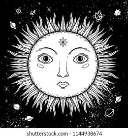 Sketch graphic illustration Beautiful Sun face with mystic and occult hand drawn symbols. Vector illustration. Vintage Hands with Old Fashion Tattoos.Freemasonry and secret societies emblems