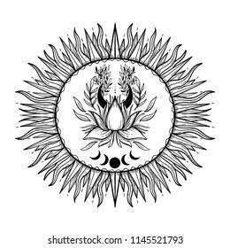 Sketch graphic illustration Beautiful Sun lotus with mystic and occult hand drawn symbols. Vector illustration. Vintage Hands with Old Fashion Tattoos.Freemasonry and secret societies emblems