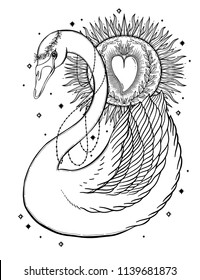 Sketch graphic illustration Beautiful Swan sun fairytale character with mystic and occult hand drawn symbols. Vector illustration. Vintage Hands with Old Fashion Tattoos.Freemasonry 