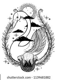 Sketch graphic illustration Beautiful Swan sun fairytale character with mystic and occult hand drawn symbols. Vector illustration. Vintage Hands with Old Fashion Tattoos.Freemasonry