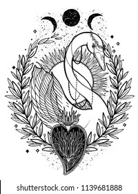 Sketch graphic illustration Beautiful Swan sun fairytale character with mystic and occult hand drawn symbols. Vector illustration. Vintage Hands with Old Fashion Tattoos.Freemasonry 